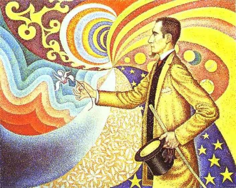 portrait of felix feneon in front of an enamel of a rhythmic background of measures and angels.jpg